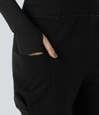 High Waisted Foldover Side Pocket Harem Fleece Casual Cargo Joggers — Black — view 4
