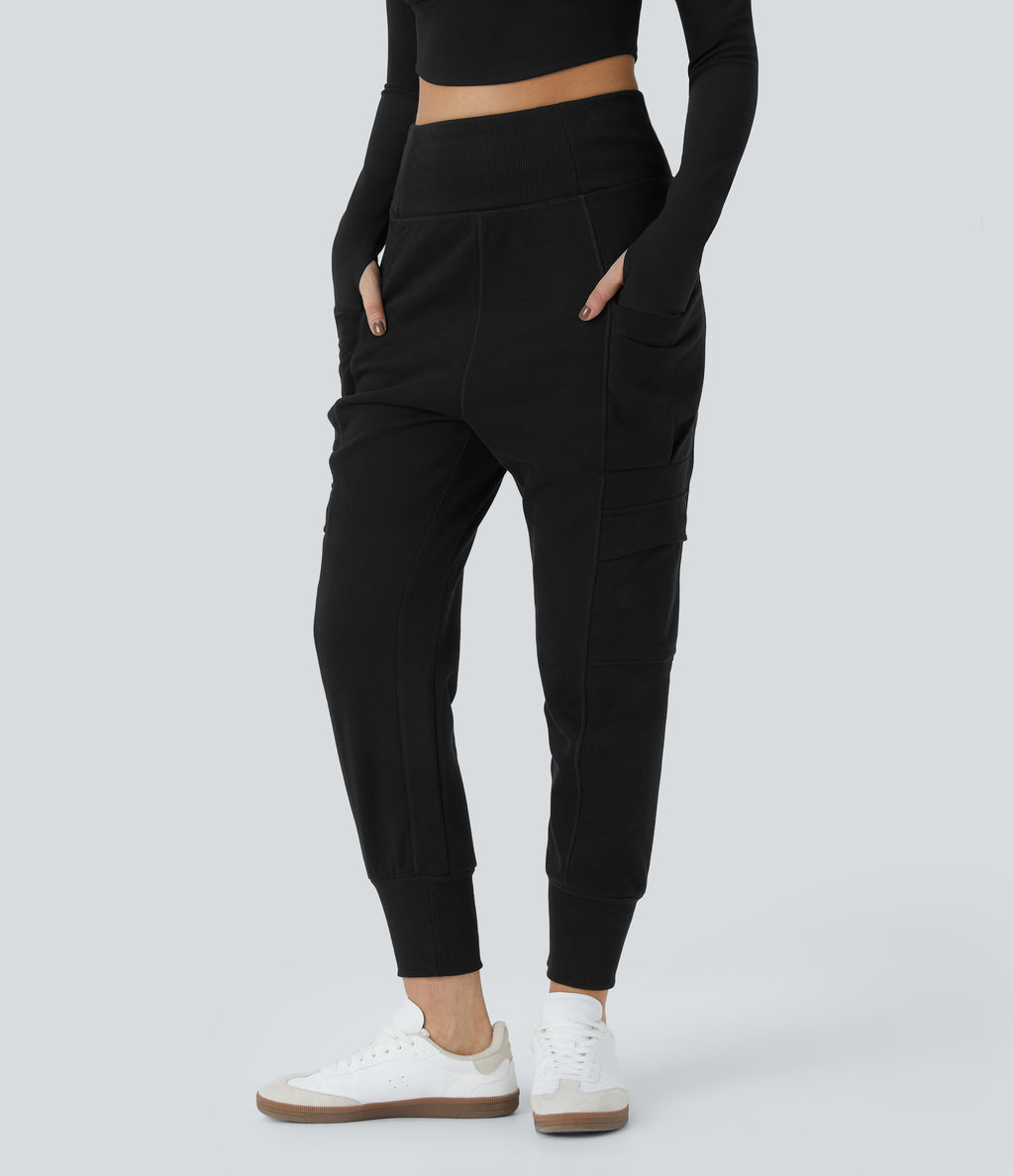 High Waisted Foldover Side Pocket Harem Fleece Casual Cargo Joggers — Black — view 3