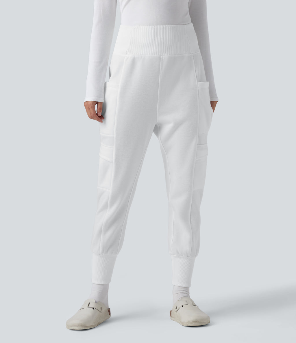 High Waisted Foldover Side Pocket Harem Fleece Casual Cargo Joggers — White — view 8