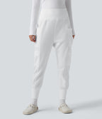 High Waisted Foldover Side Pocket Harem Fleece Casual Cargo Joggers — White — view 8