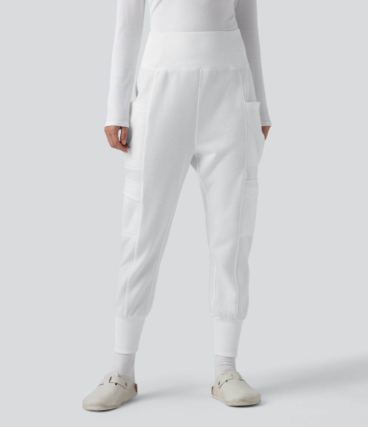 High Waisted Foldover Side Pocket Harem Fleece Casual Cargo Joggers — White — view 8