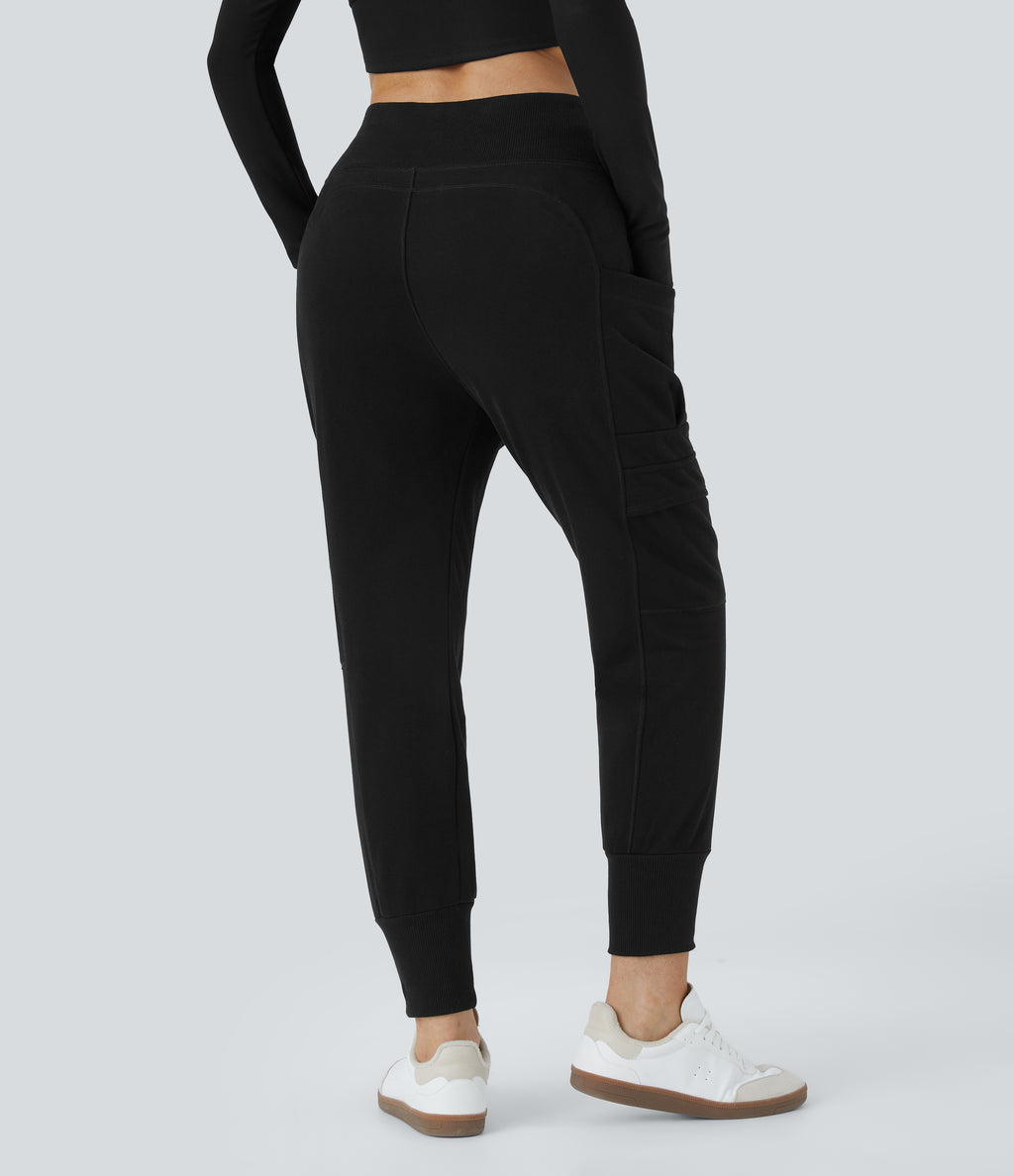 High Waisted Foldover Side Pocket Harem Fleece Casual Cargo Joggers — Black — view 2