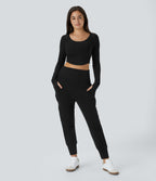 High Waisted Foldover Side Pocket Harem Fleece Casual Cargo Joggers — Black — view 6