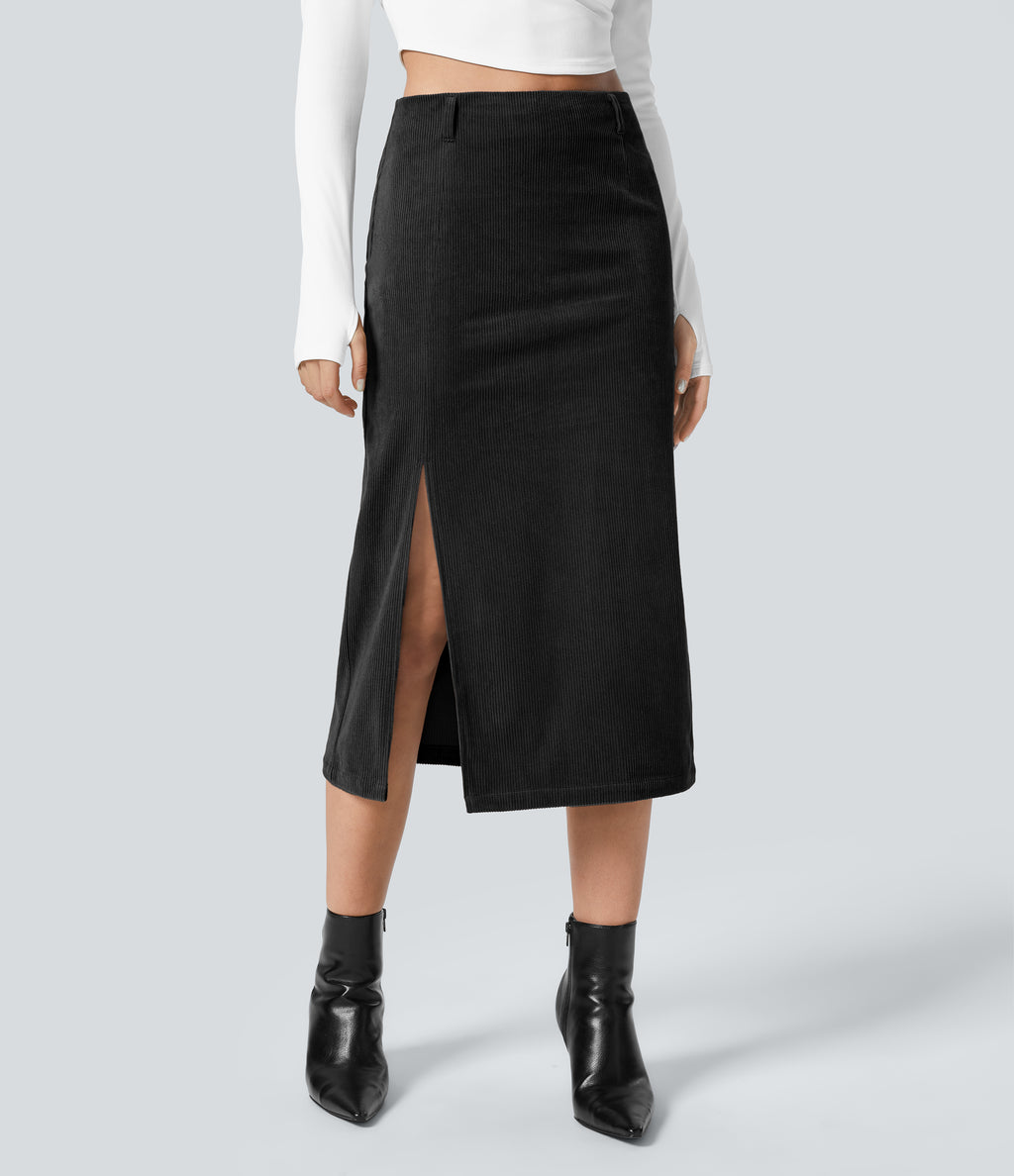 High Waisted Invisible Zipper Split Hem Midi Corduroy Casual Skirt — Black — view 4
