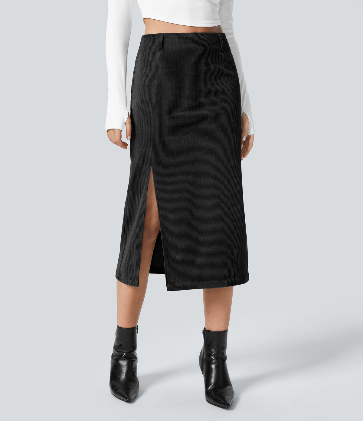 High Waisted Invisible Zipper Split Hem Midi Corduroy Casual Skirt — Black — view 4