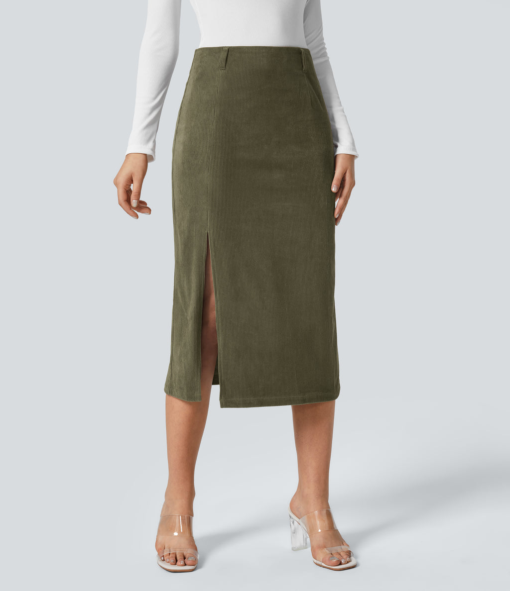 High Waisted Invisible Zipper Split Hem Midi Corduroy Casual Skirt — Hazel Mist Green — view 1