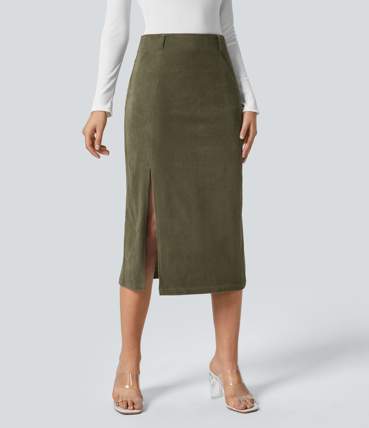 High Waisted Invisible Zipper Split Hem Midi Corduroy Casual Skirt — Hazel Mist Green — view 1