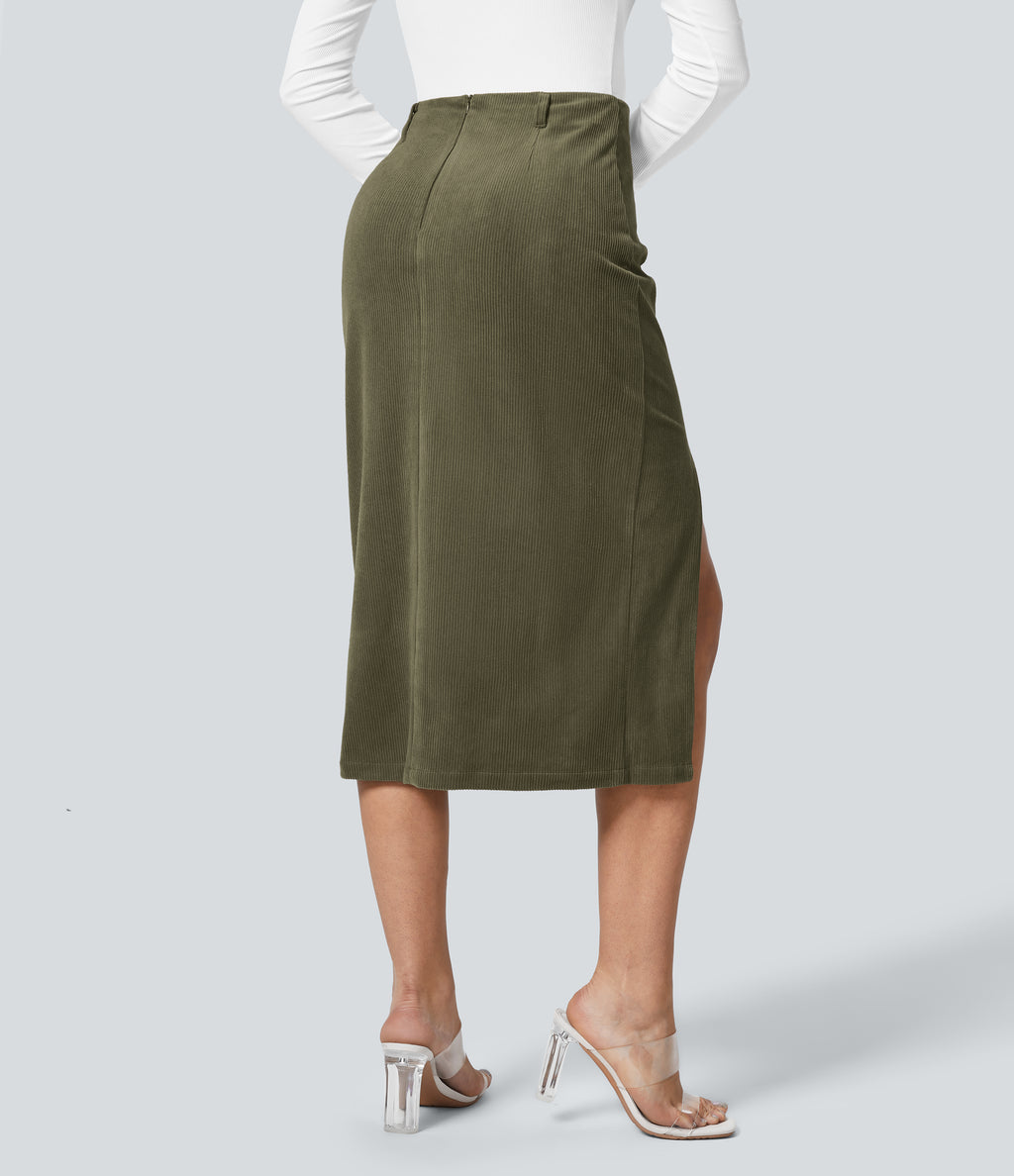 High Waisted Invisible Zipper Split Hem Midi Corduroy Casual Skirt — Hazel Mist Green — view 3