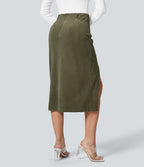High Waisted Invisible Zipper Split Hem Midi Corduroy Casual Skirt — Hazel Mist Green — view 3
