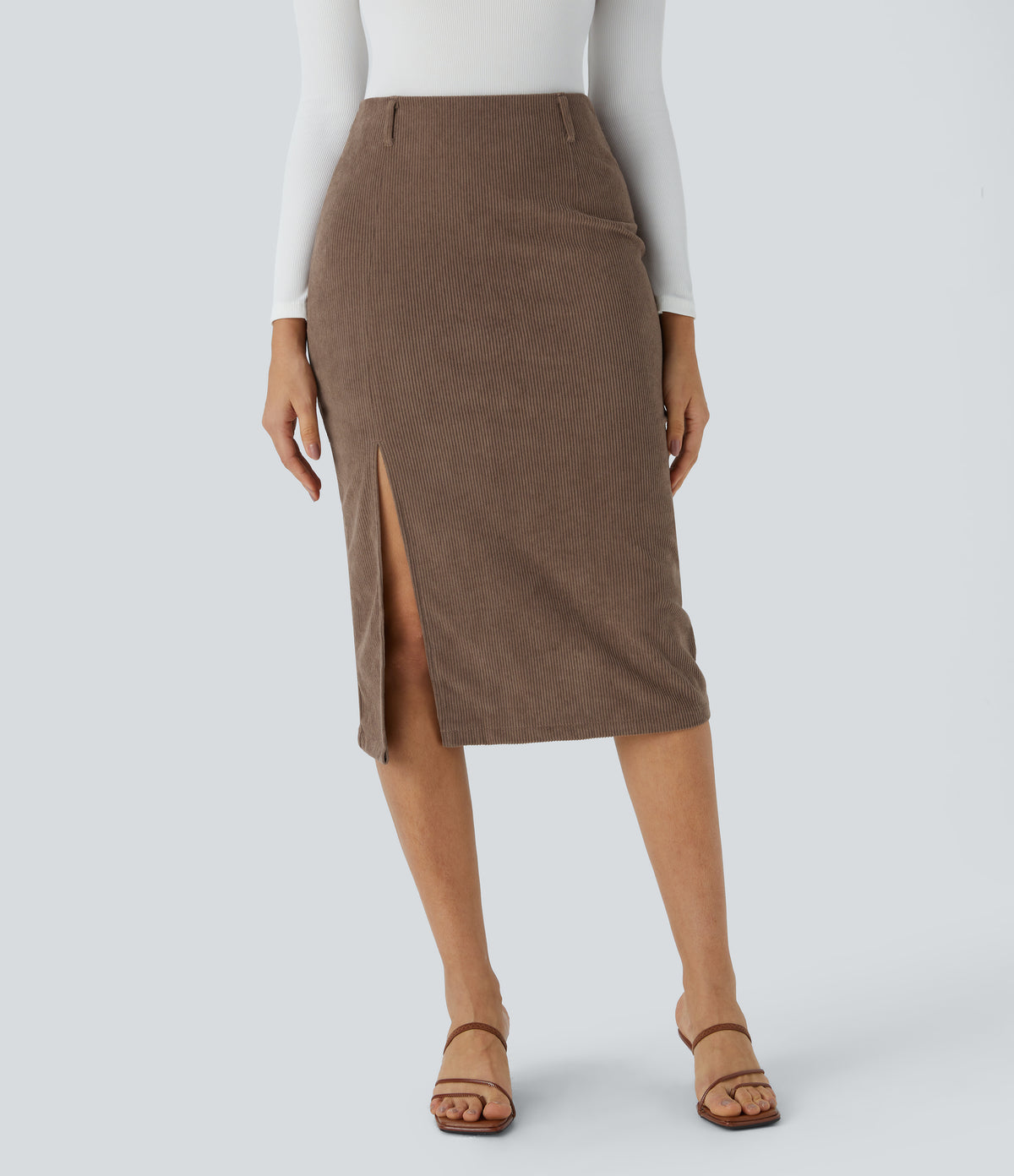 High Waisted Invisible Zipper Split Hem Midi Corduroy Casual Skirt — Acorn — view 5