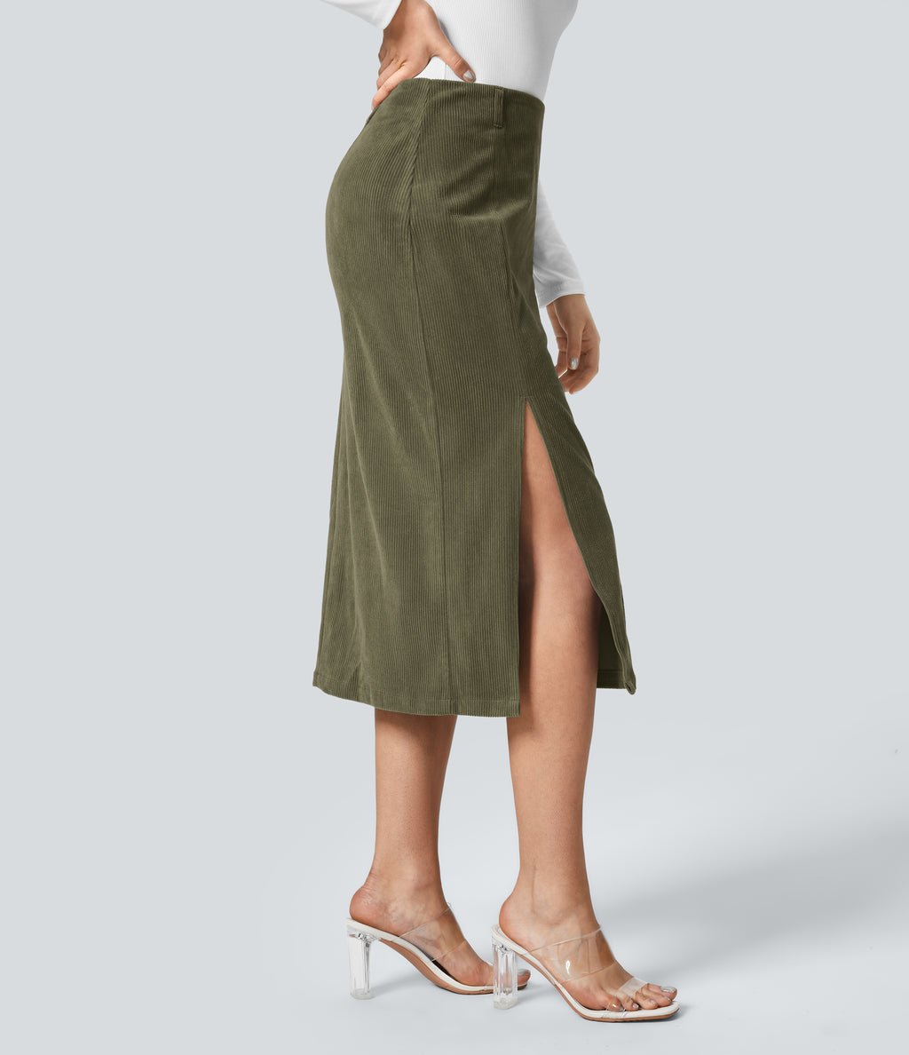 High Waisted Invisible Zipper Split Hem Midi Corduroy Casual Skirt — Hazel Mist Green — view 2