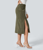 High Waisted Invisible Zipper Split Hem Midi Corduroy Casual Skirt — Hazel Mist Green — view 2