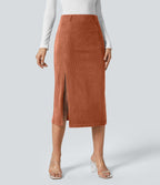 High Waisted Invisible Zipper Split Hem Midi Corduroy Casual Skirt — Baked Clay — view 6