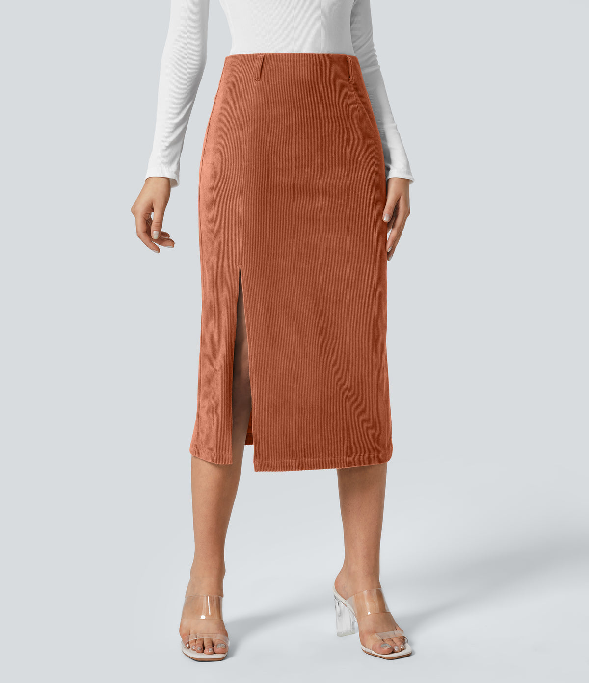 High Waisted Invisible Zipper Split Hem Midi Corduroy Casual Skirt — Baked Clay — view 6
