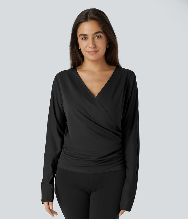 V Neck Long Sleeve Crossover Ruched Solid Work Top — Black — view 1