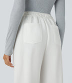 High Waisted Button Multiple Pockets Straight Leg Fleece Casual Trousers — White — view 5