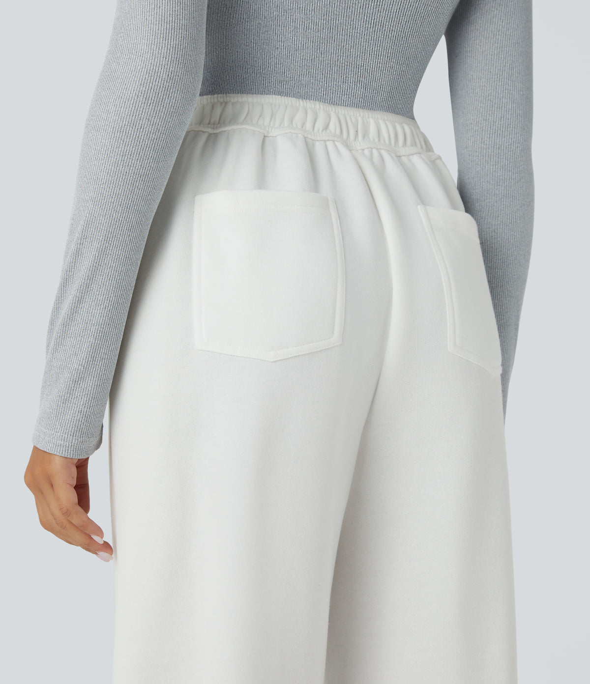 High Waisted Button Multiple Pockets Straight Leg Fleece Casual Trousers — White — view 5