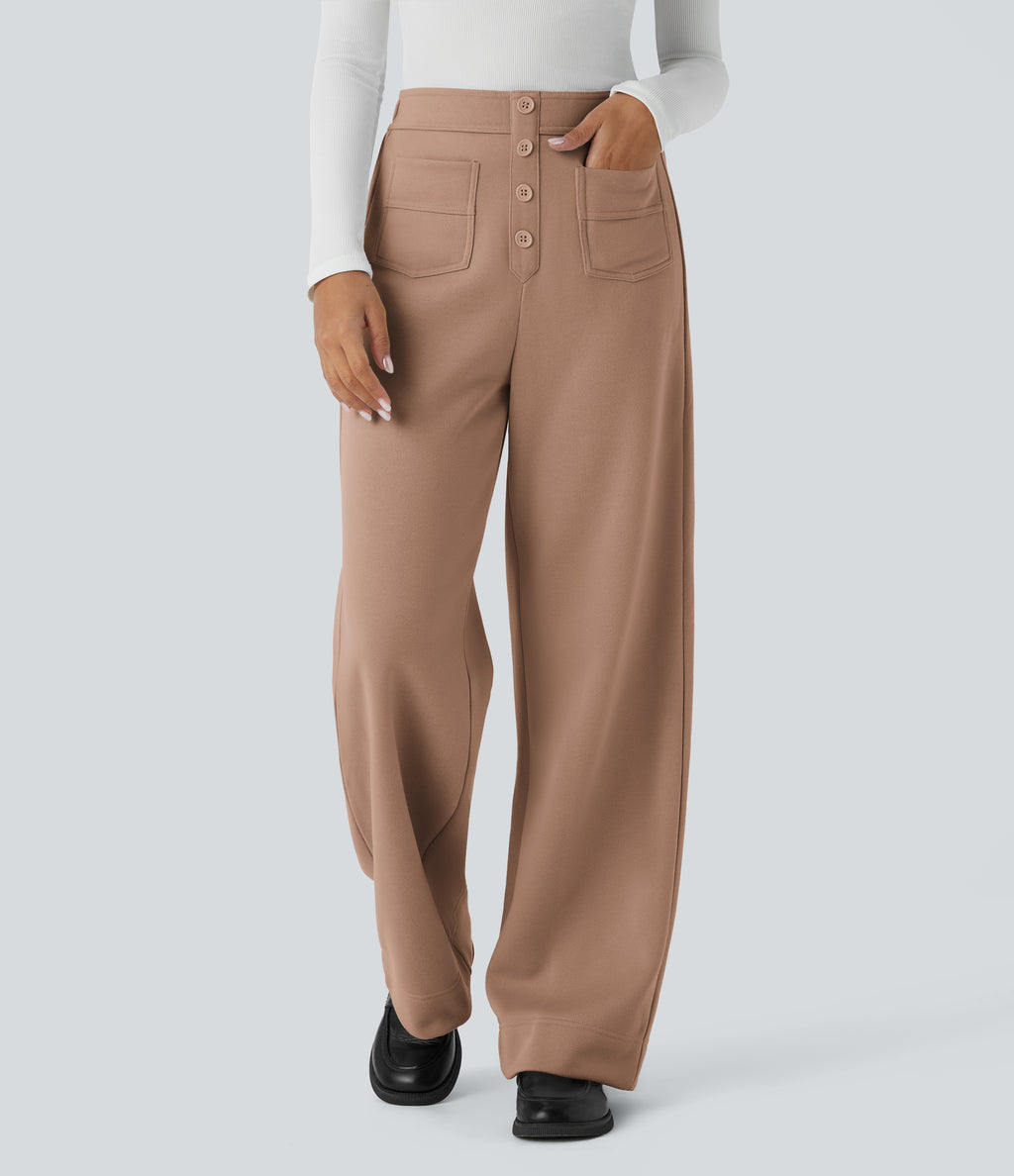 High Waisted Button Multiple Pockets Straight Leg Fleece Casual Trousers — Mocha Mousse — view 7