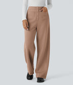 High Waisted Button Multiple Pockets Straight Leg Fleece Casual Trousers — Mocha Mousse — view 7