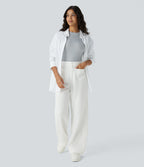 High Waisted Button Multiple Pockets Straight Leg Fleece Casual Trousers — White — view 6