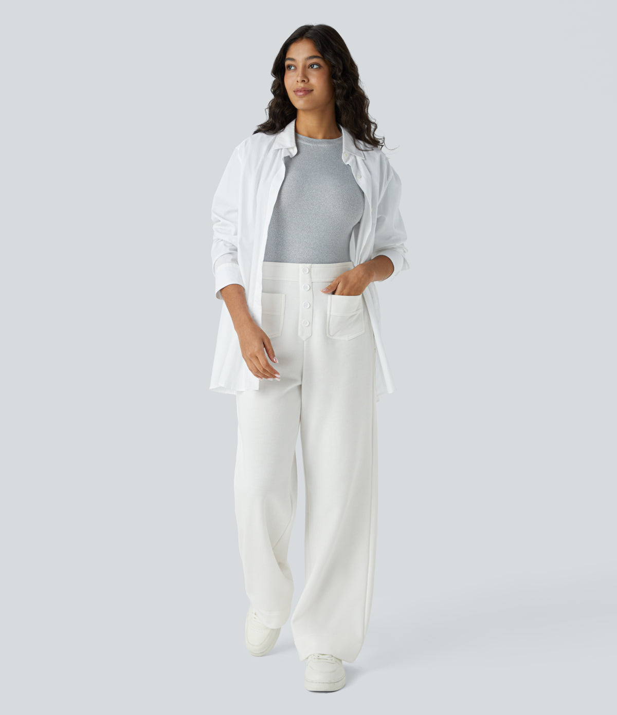 High Waisted Button Multiple Pockets Straight Leg Fleece Casual Trousers — White — view 6