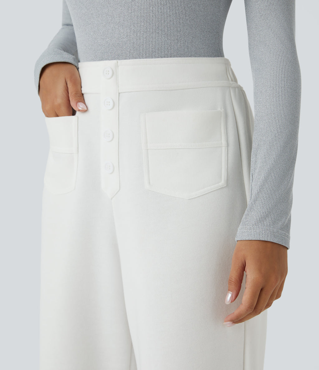 High Waisted Button Multiple Pockets Straight Leg Fleece Casual Trousers — White — view 4