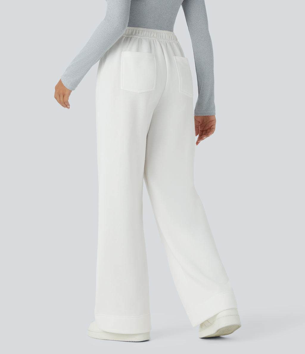 High Waisted Button Multiple Pockets Straight Leg Fleece Casual Trousers — White — view 2