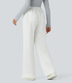 High Waisted Button Multiple Pockets Straight Leg Fleece Casual Trousers — White — view 2