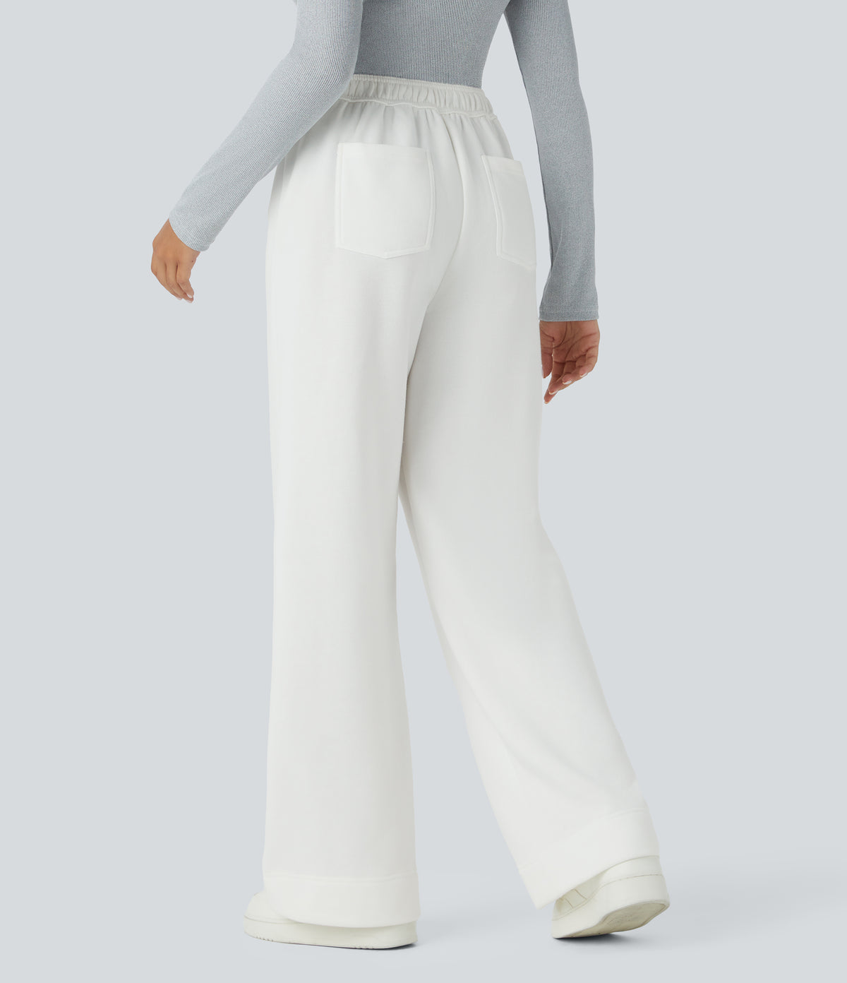 High Waisted Button Multiple Pockets Straight Leg Fleece Casual Trousers — White — view 2