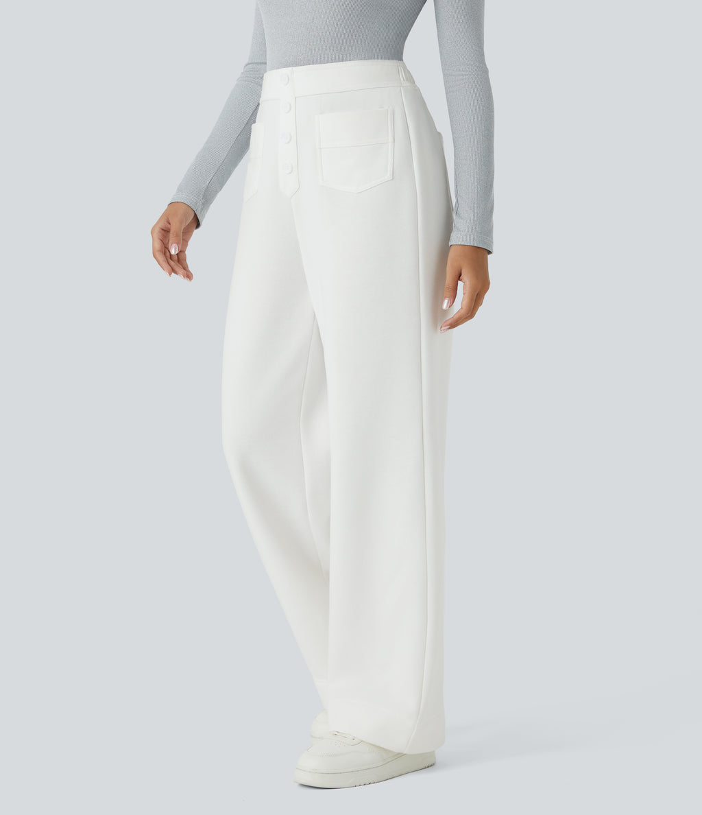 High Waisted Button Multiple Pockets Straight Leg Fleece Casual Trousers — White — view 3