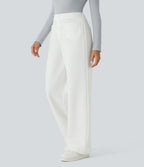 High Waisted Button Multiple Pockets Straight Leg Fleece Casual Trousers — White — view 3