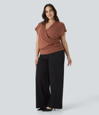 V Neck Cap Sleeve Crossover Ruched Solid Work Plus Size Blouse — Maple Syrup — view 6