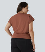 V Neck Cap Sleeve Crossover Ruched Solid Work Plus Size Blouse — Maple Syrup — view 2