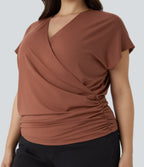V Neck Cap Sleeve Crossover Ruched Solid Work Plus Size Blouse — Maple Syrup — view 1