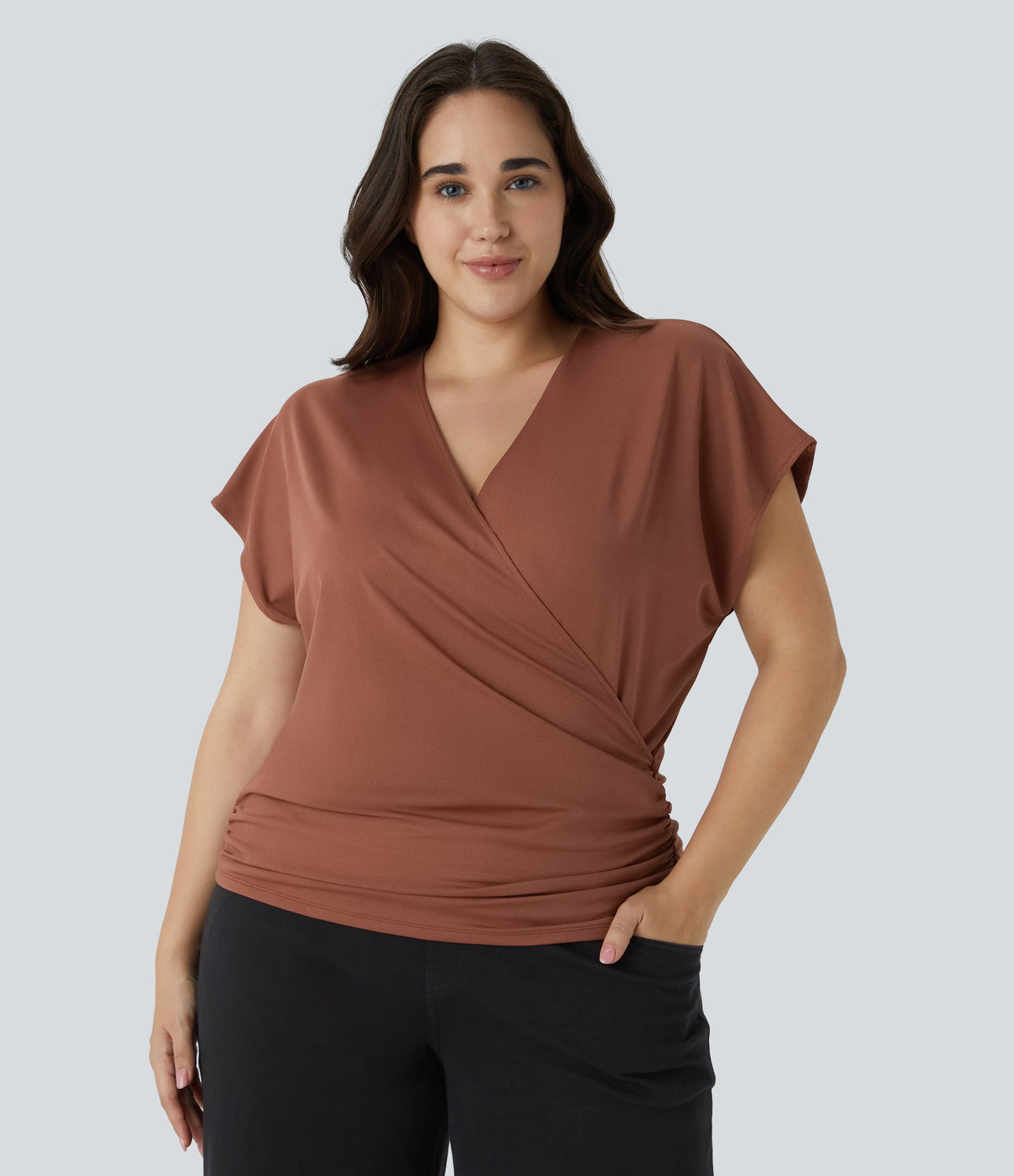 V Neck Cap Sleeve Crossover Ruched Solid Work Plus Size Blouse — Maple Syrup — view 3