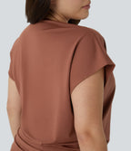 V Neck Cap Sleeve Crossover Ruched Solid Work Plus Size Blouse — Maple Syrup — view 5