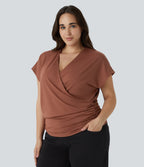 V Neck Cap Sleeve Crossover Ruched Solid Work Plus Size Blouse — Maple Syrup — view 4