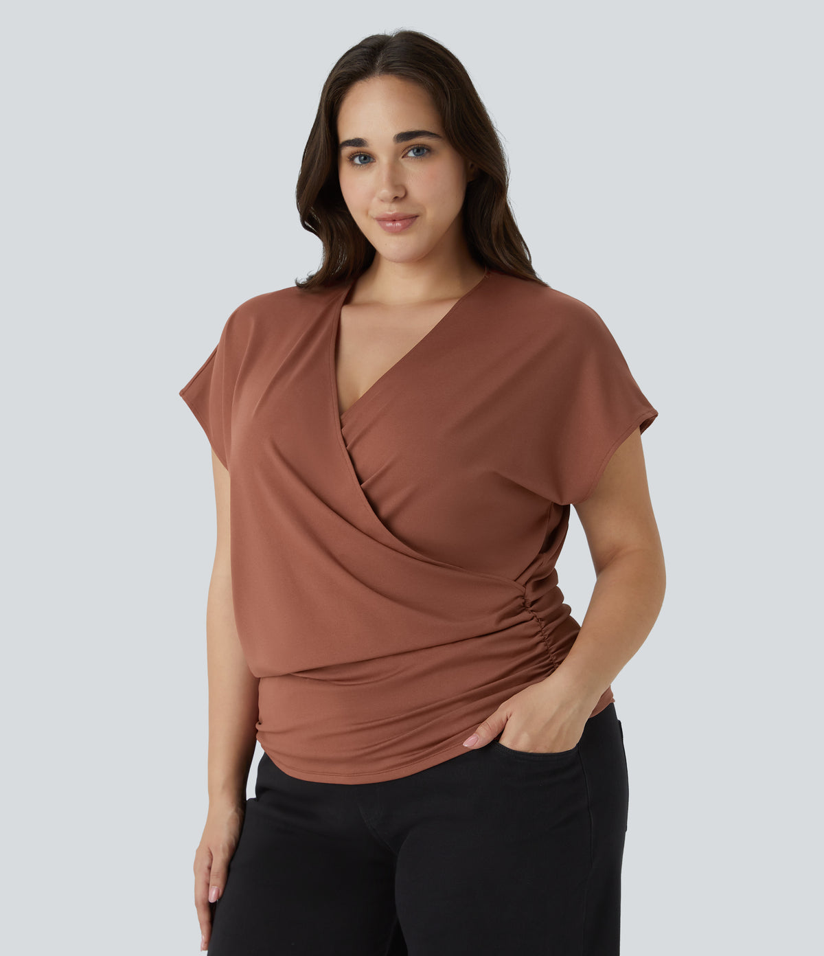 V Neck Cap Sleeve Crossover Ruched Solid Work Plus Size Blouse — Maple Syrup — view 4