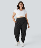 High Waisted Plain Pocket Yoga Plus Size Joggers — Black — view 5