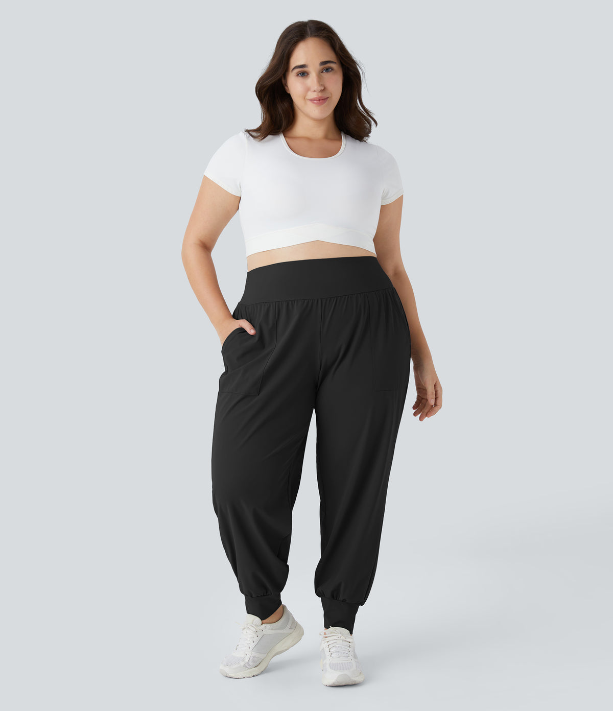 High Waisted Plain Pocket Yoga Plus Size Joggers — Black — view 5