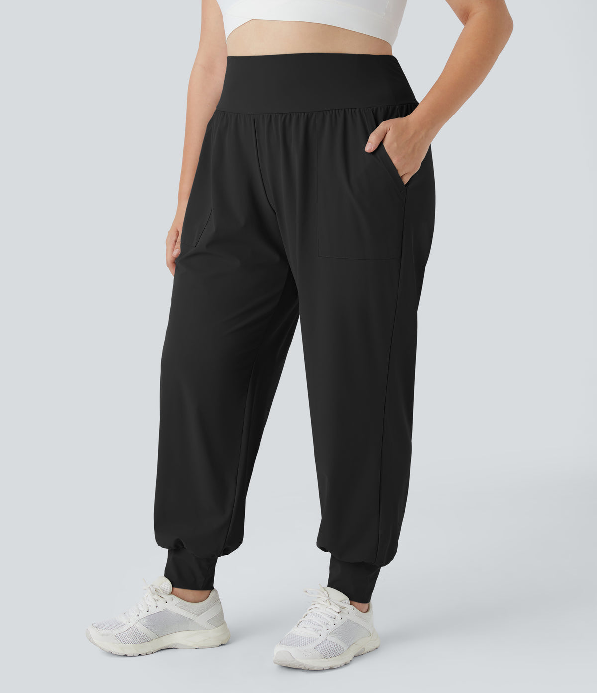 High Waisted Plain Pocket Yoga Plus Size Joggers — Black — view 3