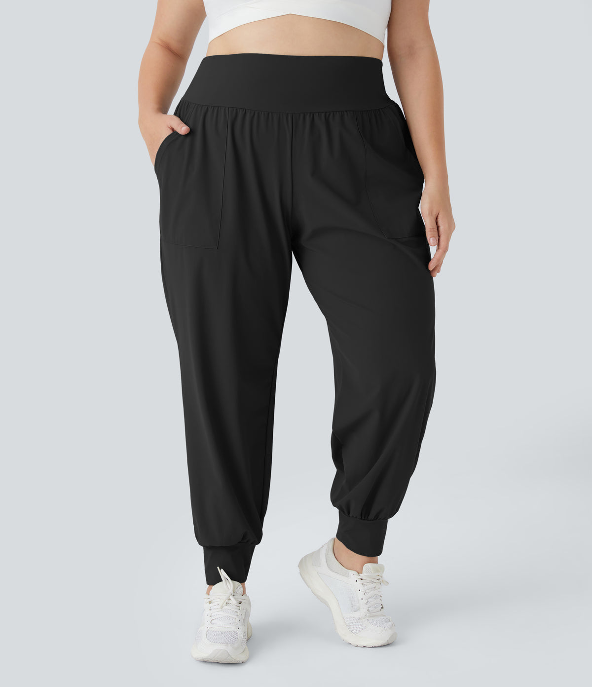 High Waisted Plain Pocket Yoga Plus Size Joggers — Black — view 2