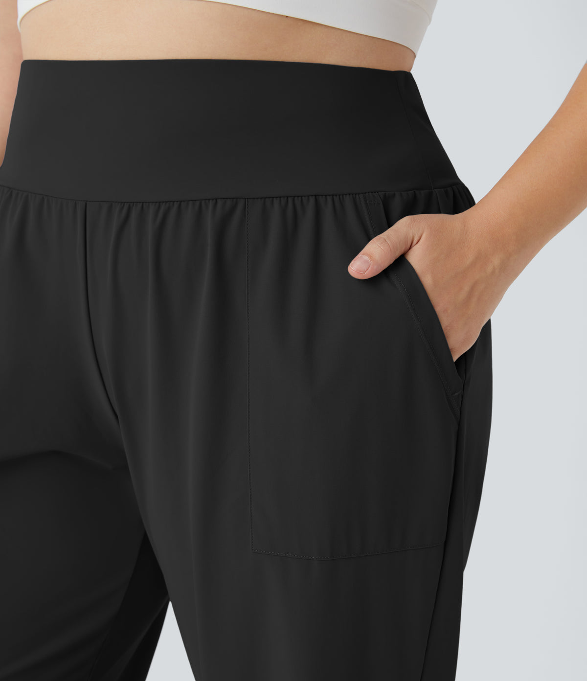 High Waisted Plain Pocket Yoga Plus Size Joggers — Black — view 4