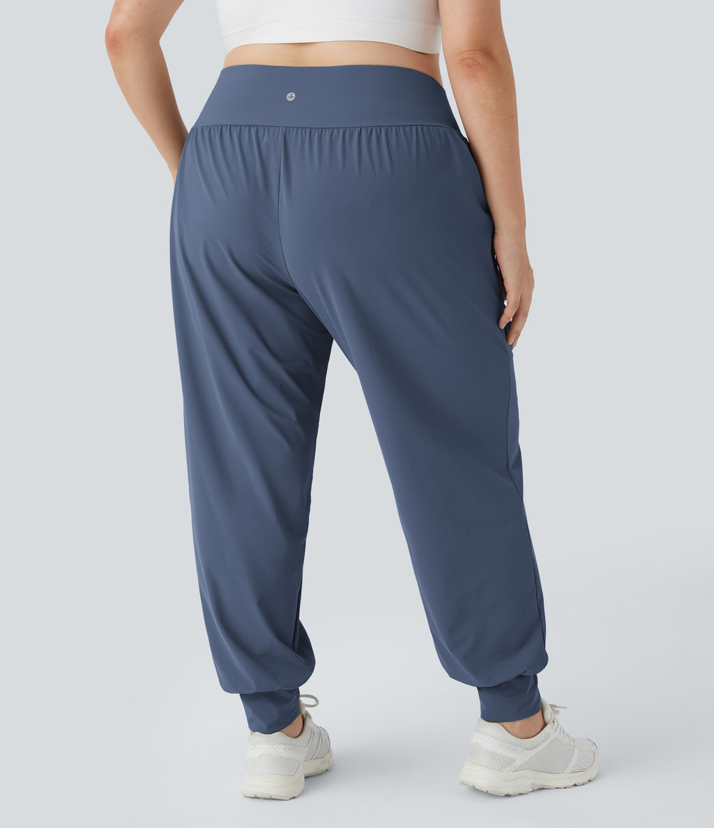 High Waisted Plain Pocket Yoga Plus Size Joggers — Nightshadow Blue — view 6