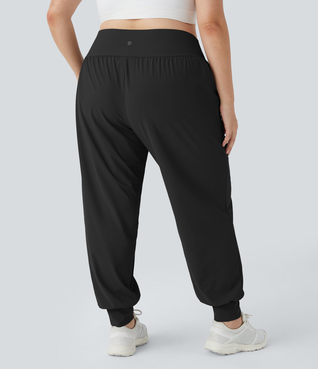 High Waisted Plain Pocket Yoga Plus Size Joggers — Black — view 1