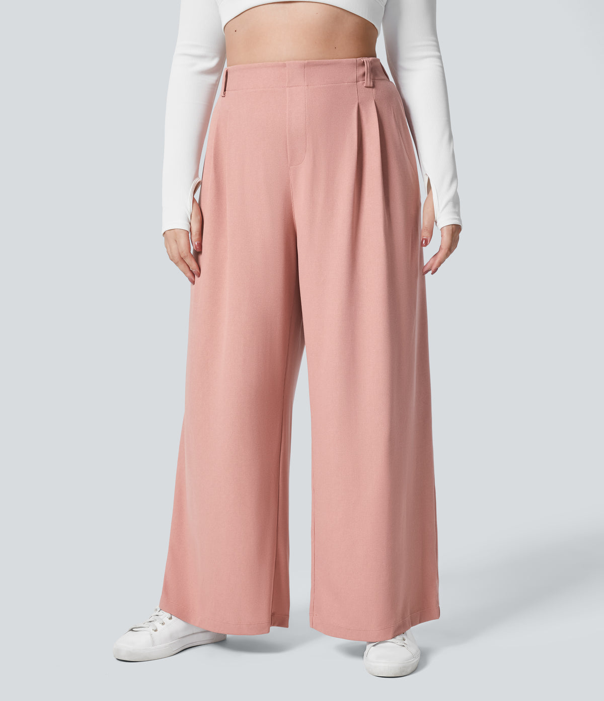 High Waisted Pocket Wide Leg Waffle Work Plus Size Trousers — Rose Tan — view 3