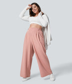 High Waisted Pocket Wide Leg Waffle Work Plus Size Trousers — Rose Tan — view 2