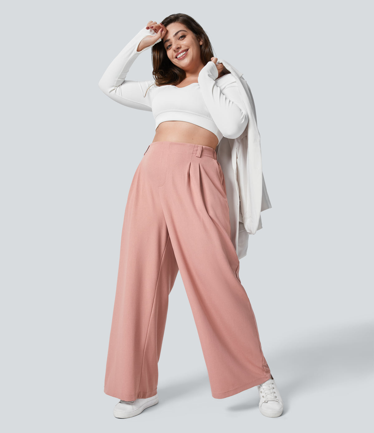 High Waisted Pocket Wide Leg Waffle Work Plus Size Trousers — Rose Tan — view 2