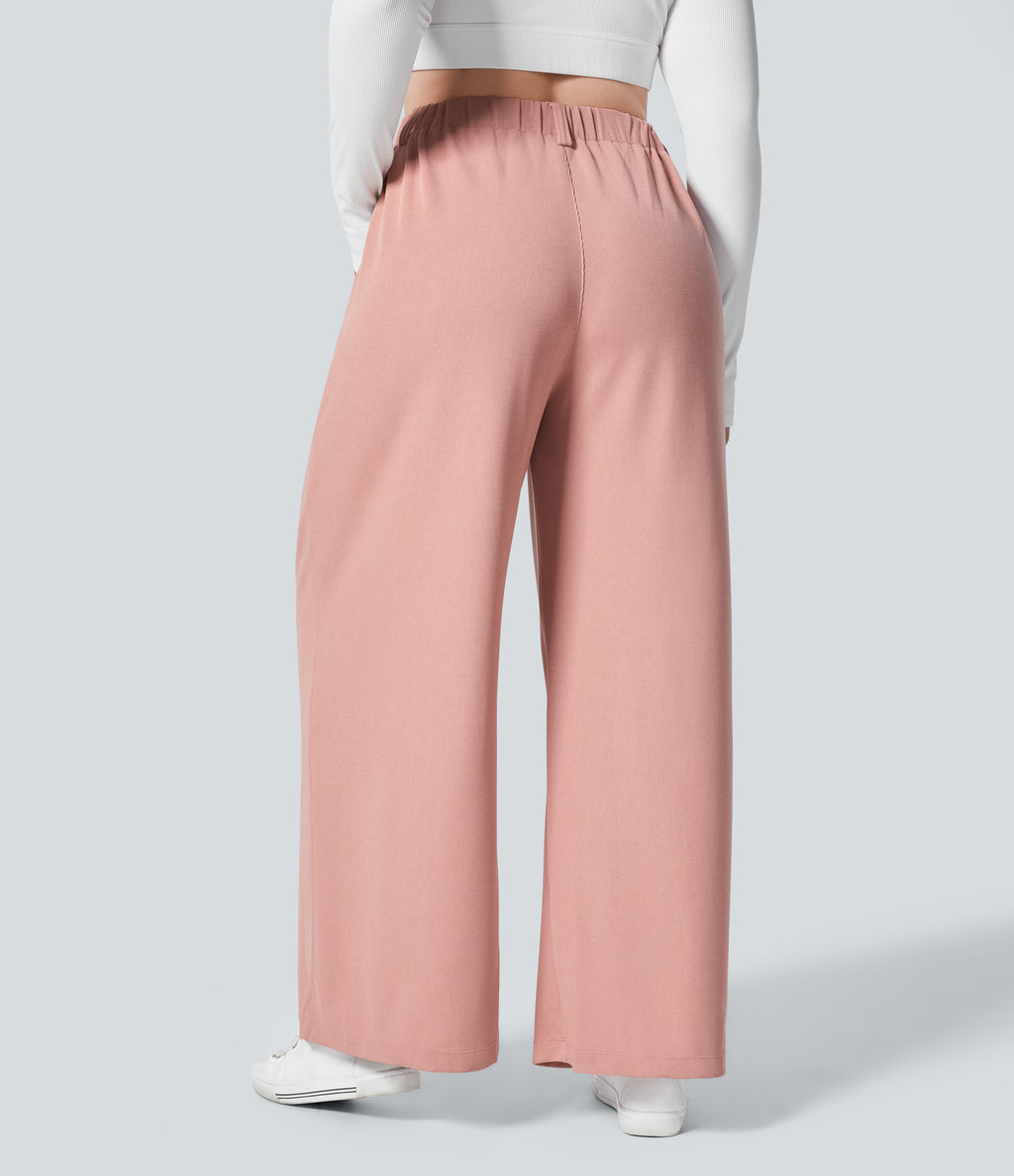 High Waisted Pocket Wide Leg Waffle Work Plus Size Trousers — Rose Tan — view 4