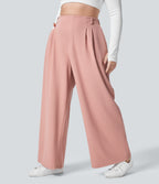 High Waisted Pocket Wide Leg Waffle Work Plus Size Trousers — Rose Tan — view 1